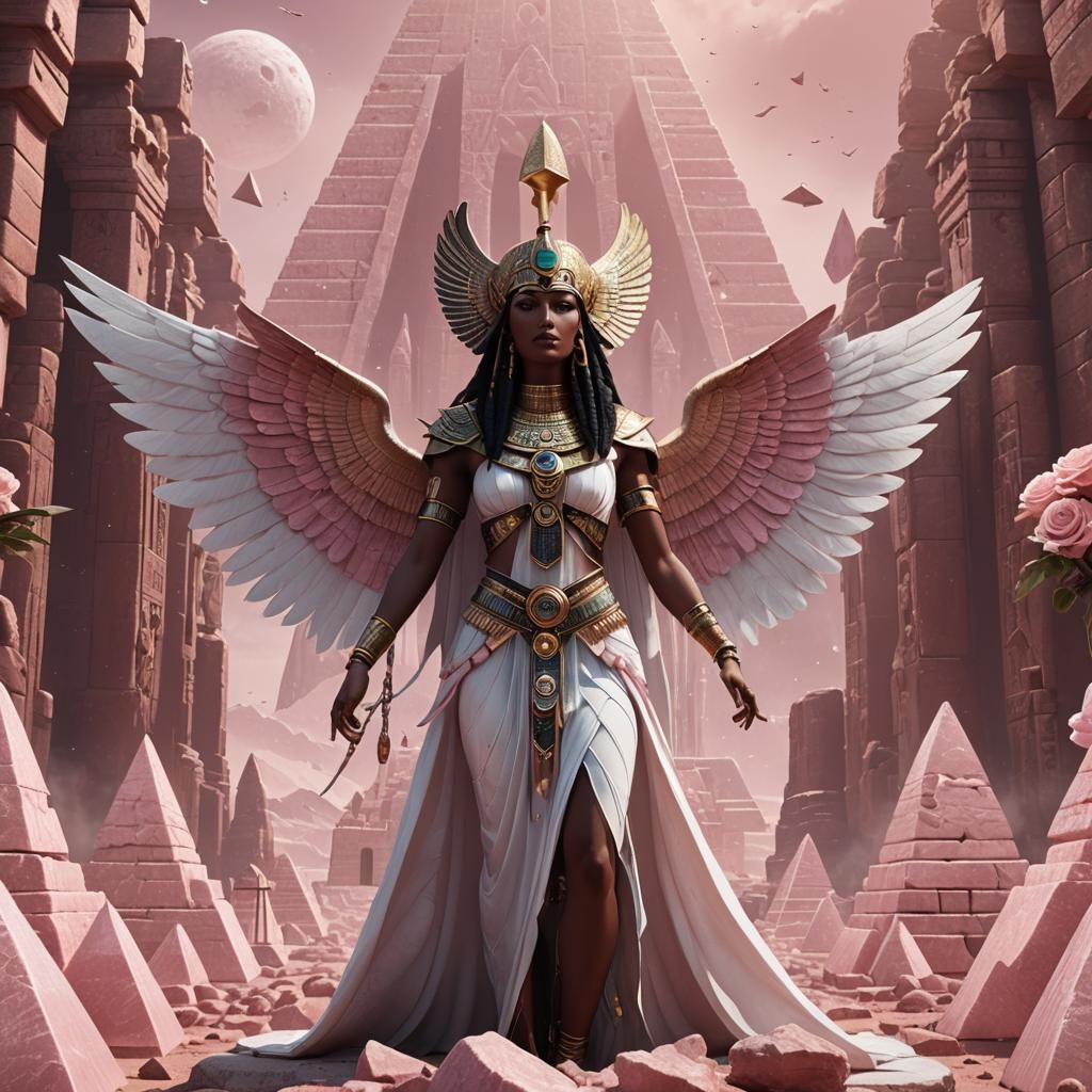 Goddess isis with white wings standing in front of rose quar...