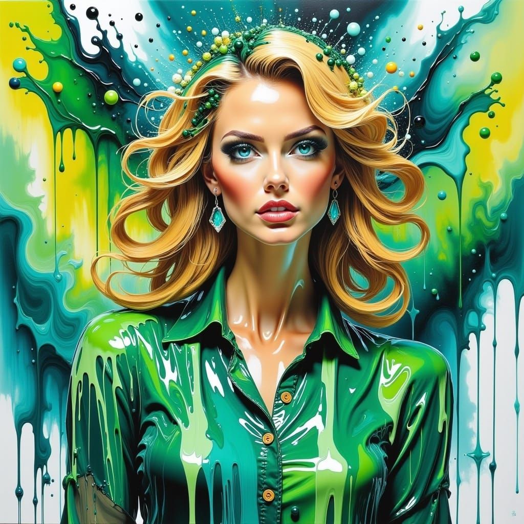 <lora:Acrylic Pouring Flux:1.0> a stunning woman with blond curly hair, green, blue, yellow colors  clothes, boho styles, village, river, Fl...