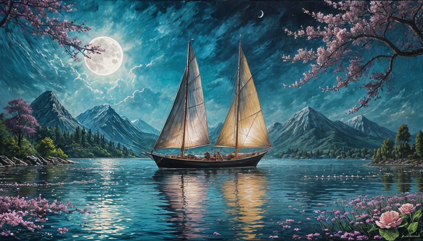 Sailboat, its sails made of woven moonlight and enchanted rose petals on the lake, drifting through a ...  by @Carlos