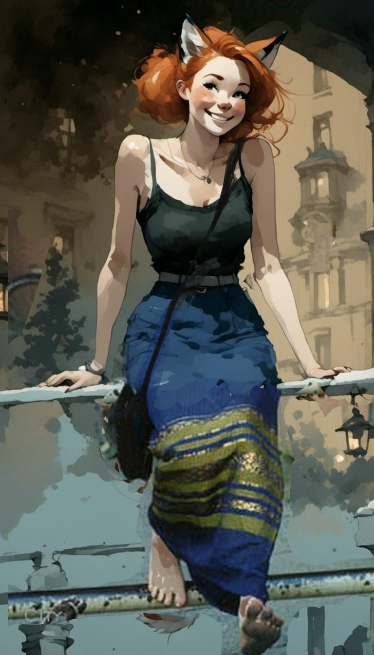 Fox-girl Vixen sitting on a railing