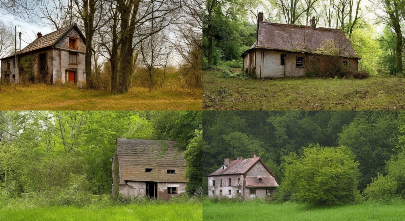 an old disused farmhouse surrounded by woodland, nature, old, rundown