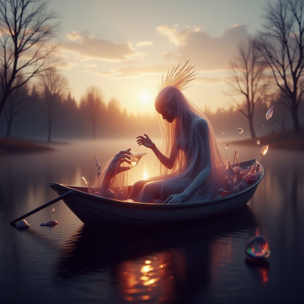 <lora:Insubstantial v1:1.0> Very sad, lonely trash monster sitting in a rowboat on a lake at sunset, hd Photography photorealistic zbrush ce...