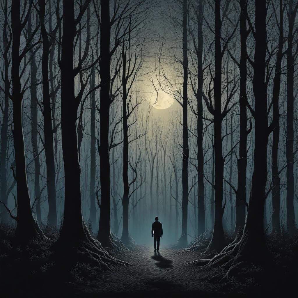 Imagine a dense forest shrouded in twilight with the moonlig...