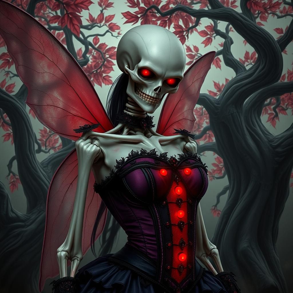 a fairy with  a skeleton elongated head red glowing eyes  an...
