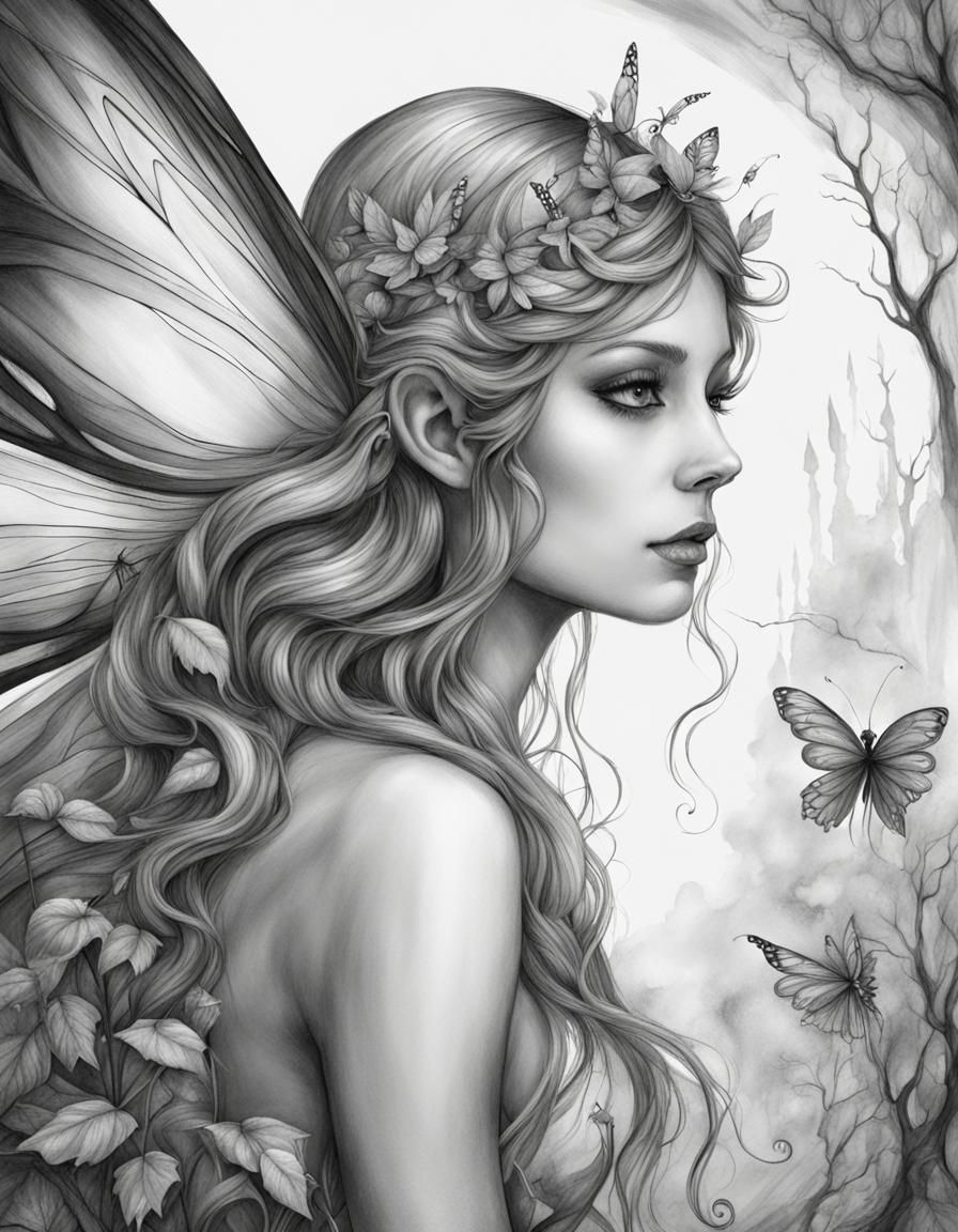 Fantasy fairy drawing in black and white - AI Generated Artwork ...