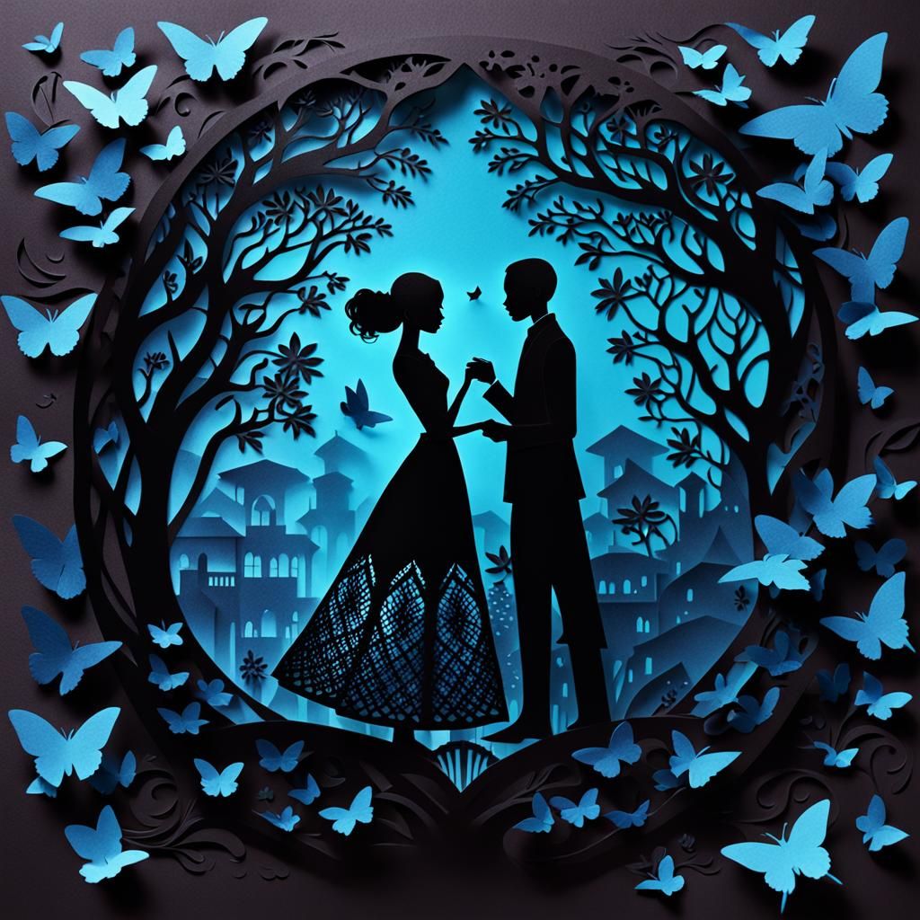 Kirigami of beautiful dark skinned  paper lovers entwined in dark diaphanous goodbye  by @noveldove