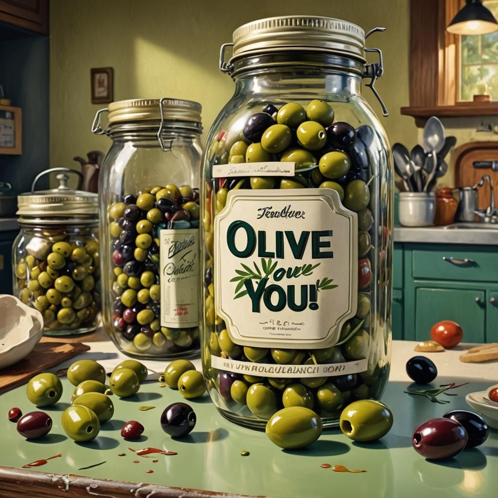 1950s kitchen with a jar of olives that says 'olive you too'