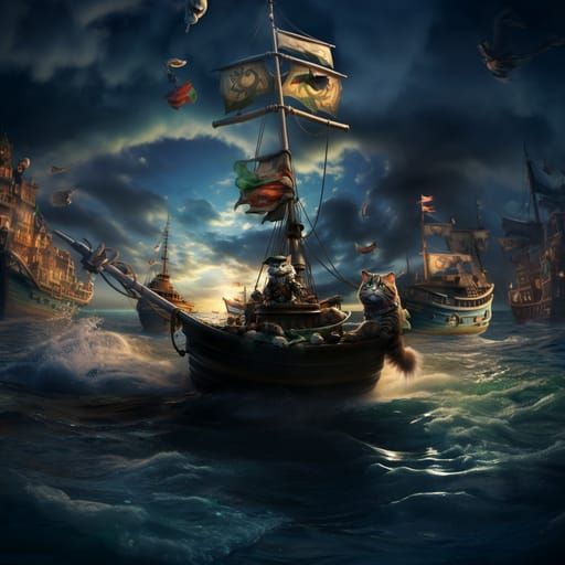 Pirate cat on board a ship, dramatic sea background, full sh...