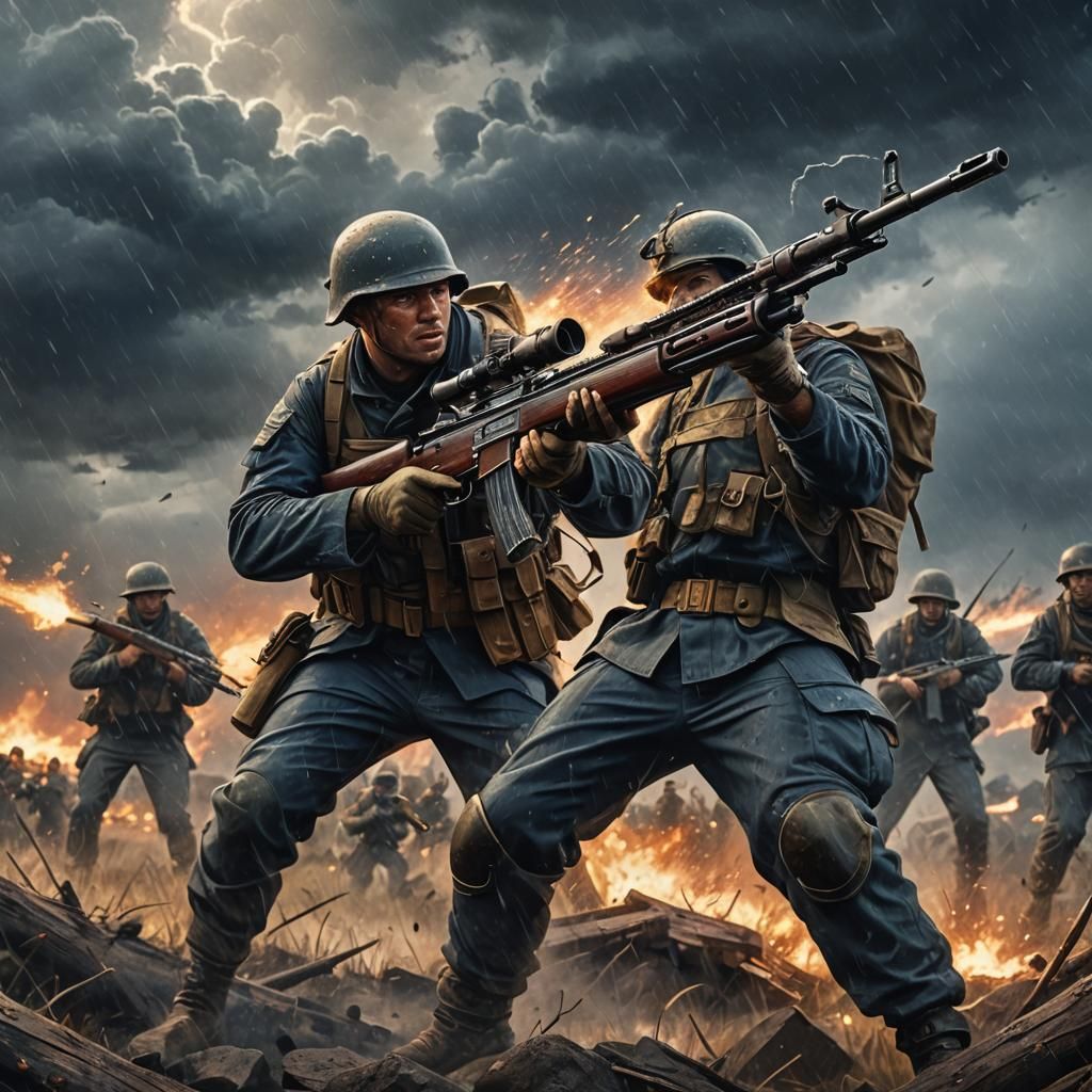 Fantasy Soldier in Battlefield Firing Rifle