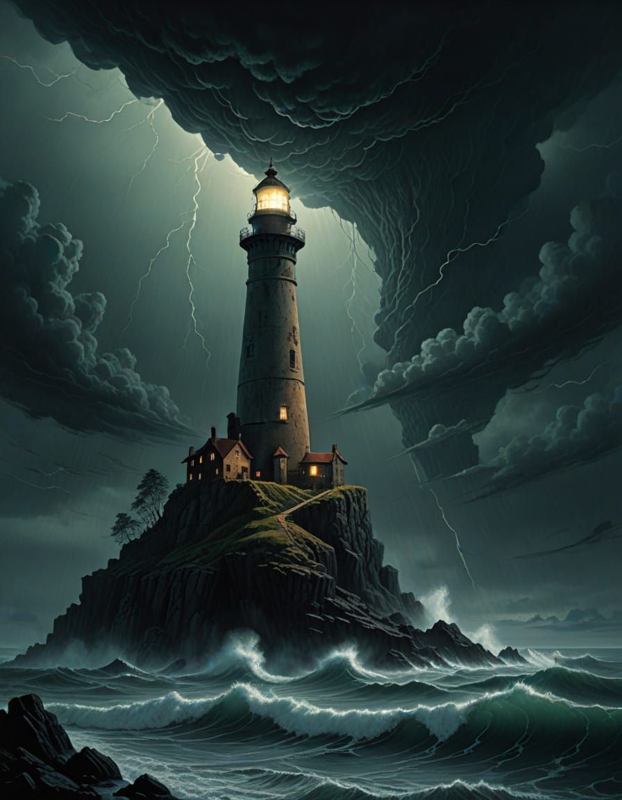 A solitary, colossal lighthouse stands on a jagged, storm-tossed island, its beam cutting through an impossibly dark and turbulent night sky...