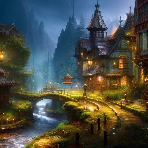 #fairycore; Fairy village by artist "fairycore", splash art/concept art, ornate ,inricately detailed, ...  by @Lennis