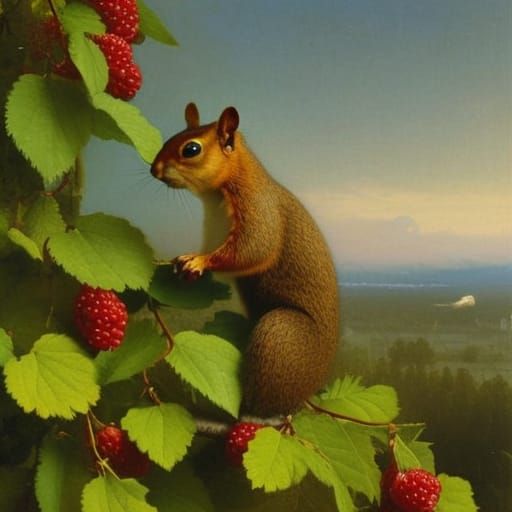 a squirrel sits on a branch in the raspberry bush Ferdinand ...