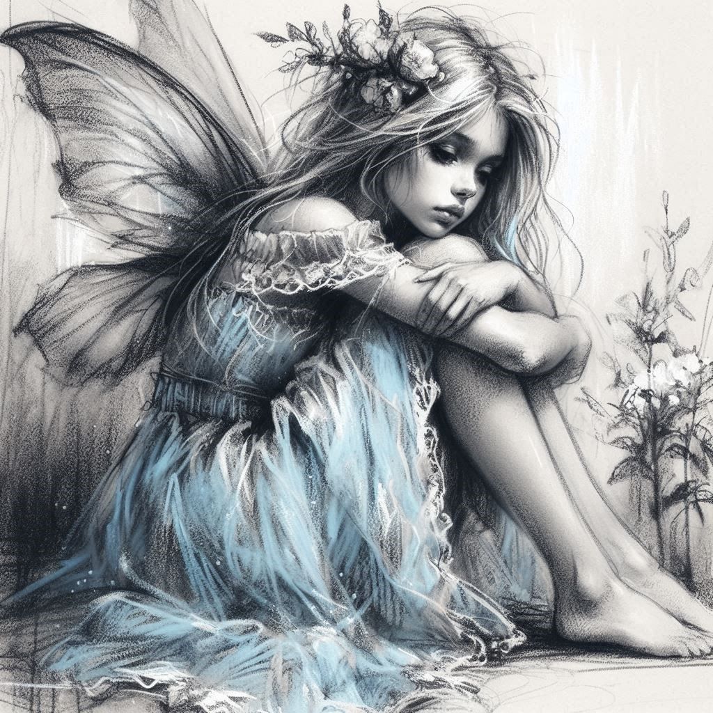 Sad Fairy in a pastel blue summer dress