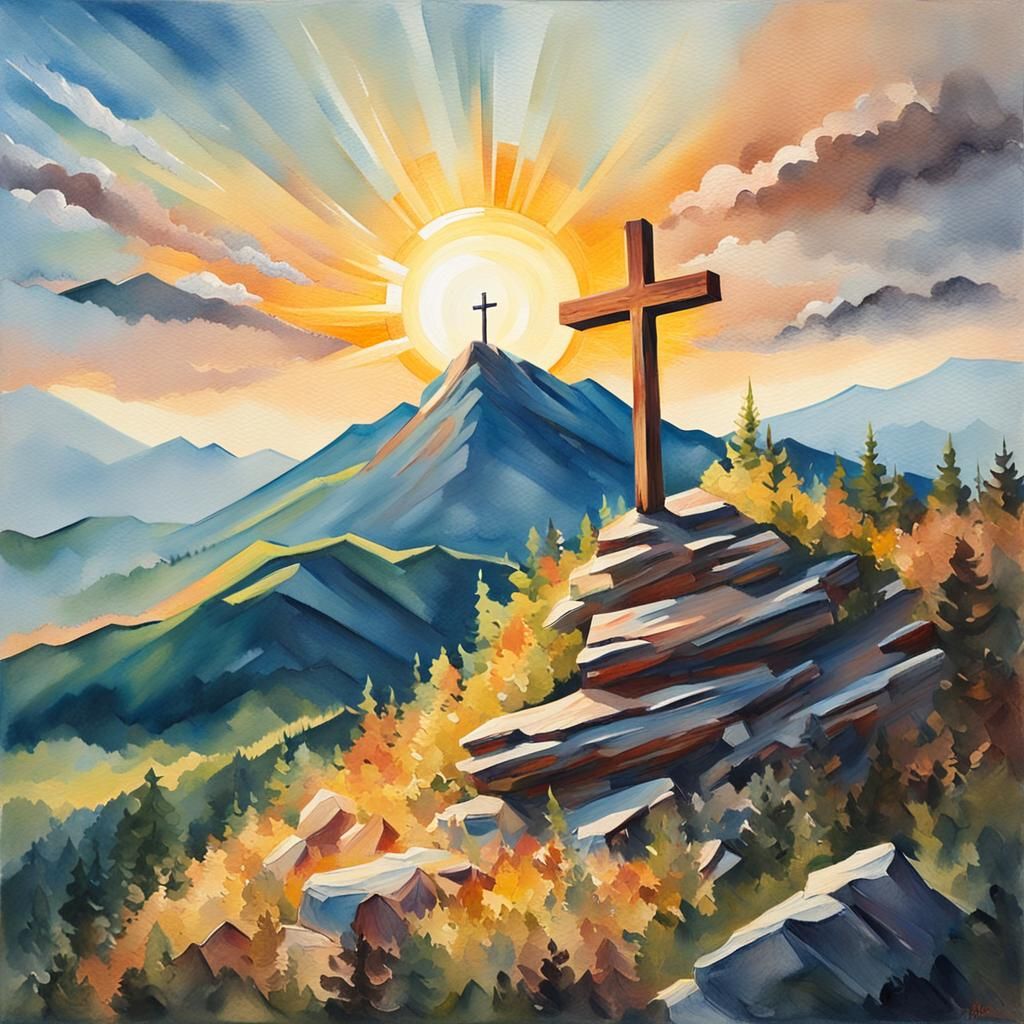 a wooden cross on top of a mountain with the sun behind it s...