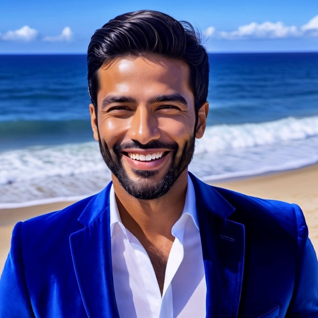 A handsome man with   black  beard   wearing  a   blue  velv...