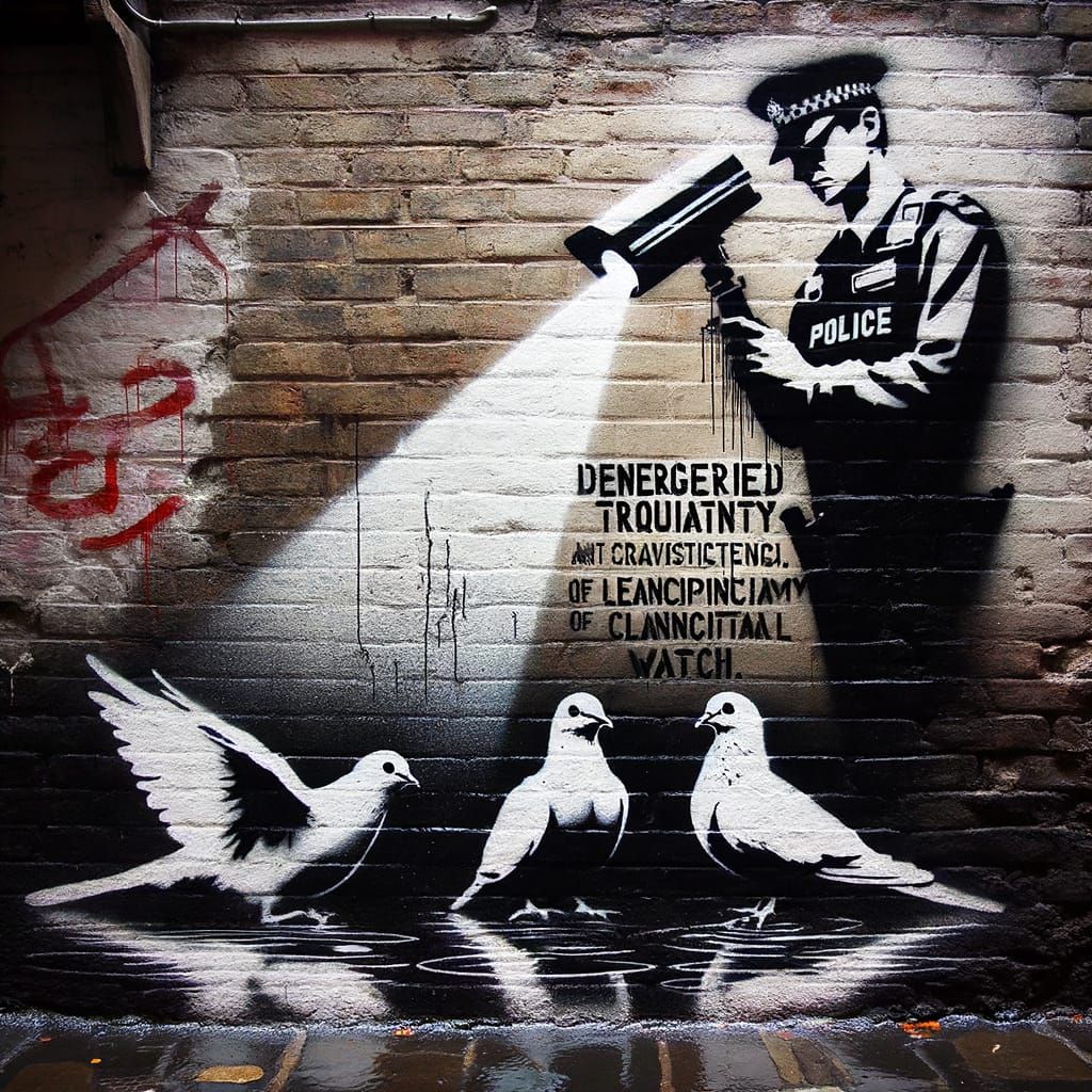 A flock of doves, depicted as if caught in a police spotlight beam, stenciled on a dark, wet alleyway wall. Peace under threat, surveillance...