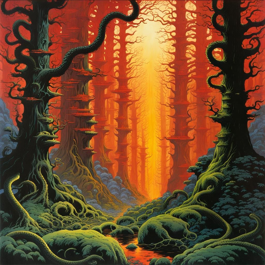 Eldritch forest, concept art , style of Philippe Druillet - AI ...