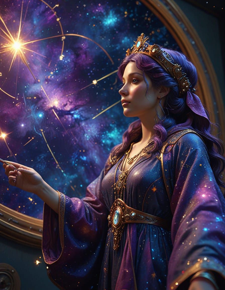 Imagine a celestial cartographer charting the galaxies in a hidden observatory nestled within the heart of a nebula. The observatory is fill...