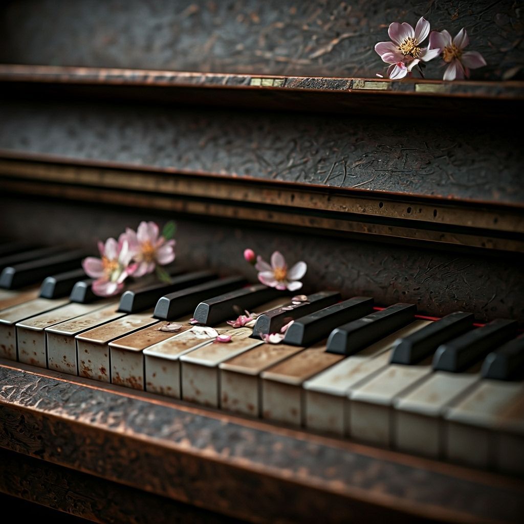 Rustic Piano Keys with Flowers in 3D Render