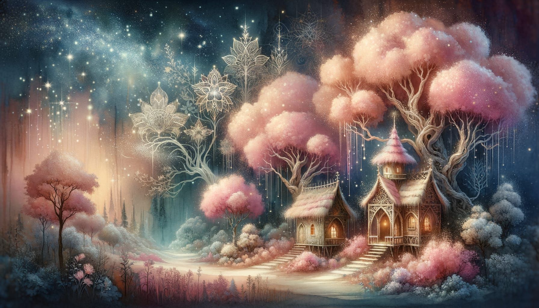 Inspired by Geneva Maria Wilson    A whimsical landscape features pale pink trees with fluffy crowns, snowy ground, and charming treehouses....