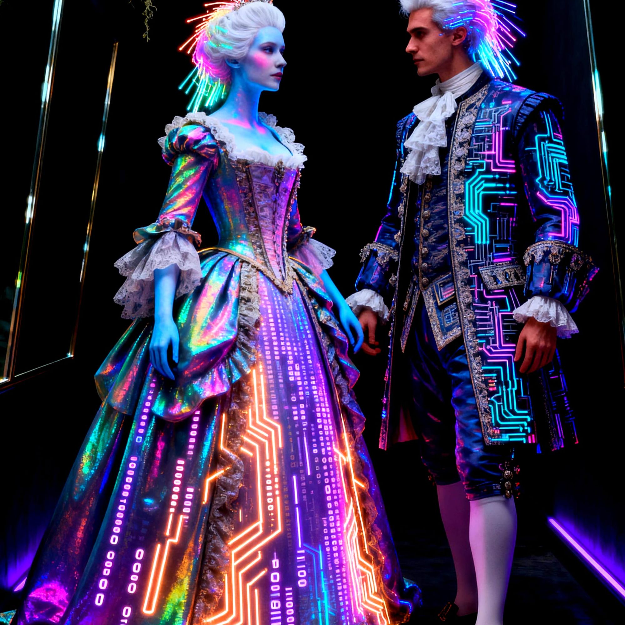 Cyberpunk Baroque - historical fashions made from futuristic fabric
