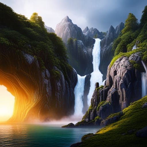 Waterfall and Mountains