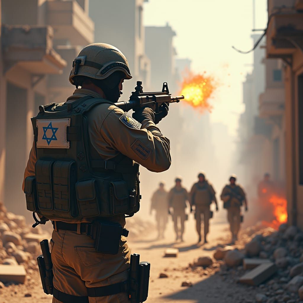 Heroic IDF Soldier in War-Torn City, Digital Art
