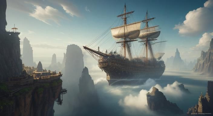 a scene featuring a grand [steampunk airship] soaring throug...