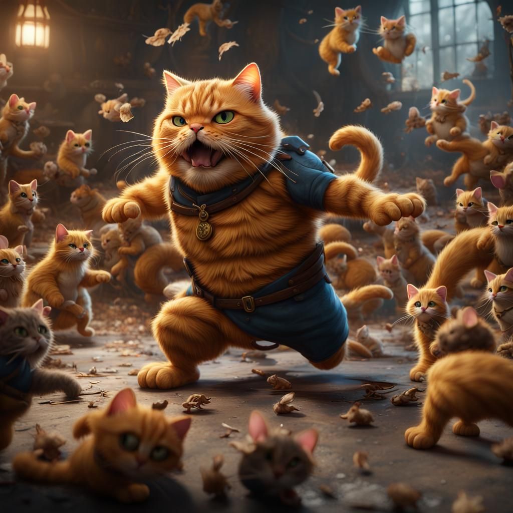 Cat fat  (Garfield) fighting with hundreds mouses around him