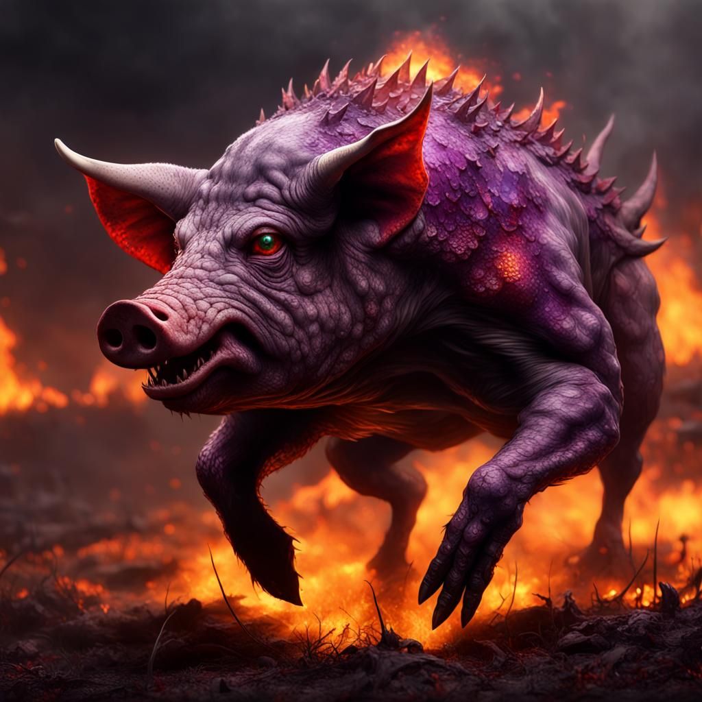 Demonic pig creature with scaly skin and bloody claws. In a large ...