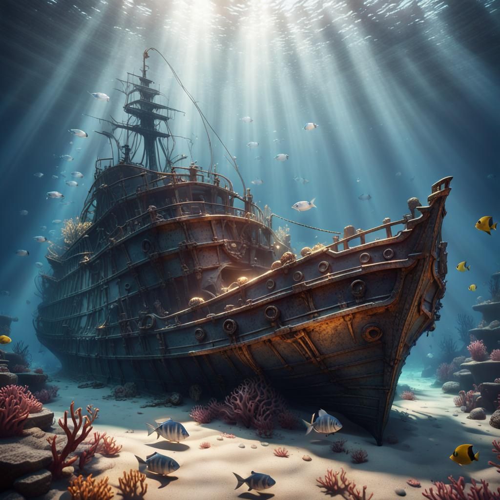 A sunken ship laying on the bottom of the ocean with fish around and ...