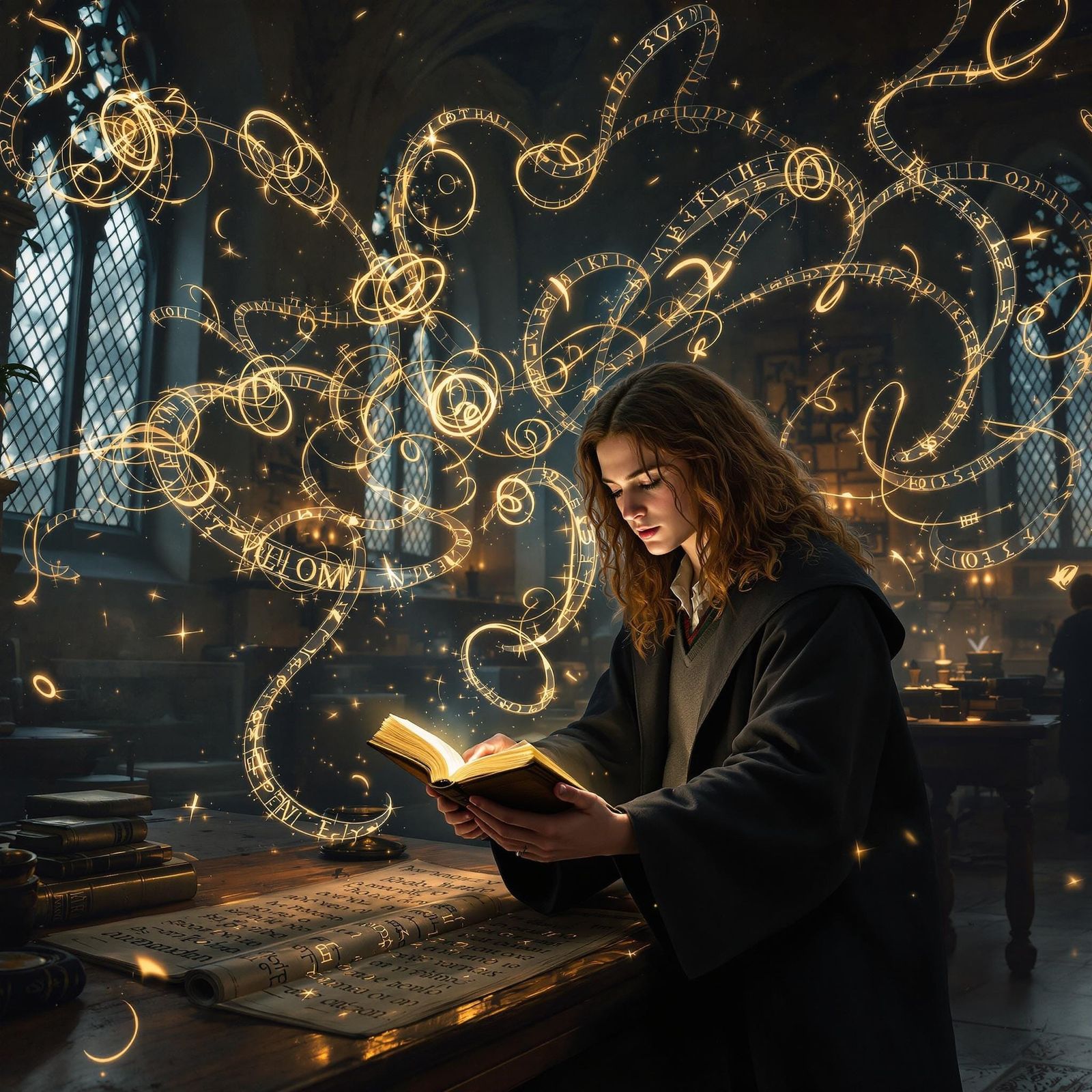Hermione Granger reading her Ancient Runes Textbook   by @akdollface007