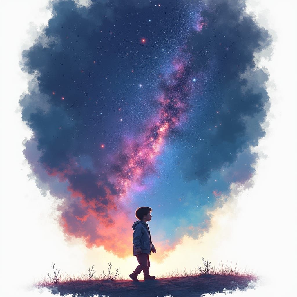 Boy Silhouette Filled with Vibrant Galaxy