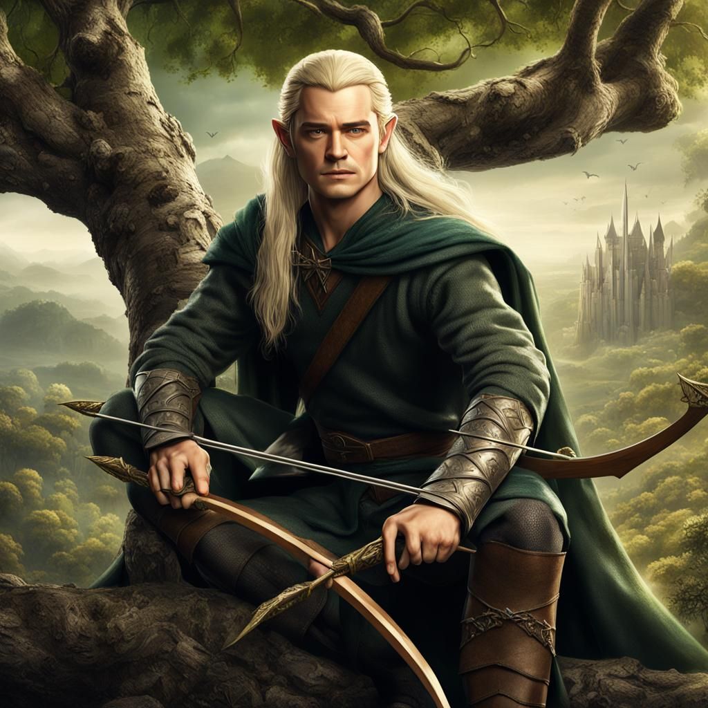 Realistic Young Orlando Bloom as Legolas with bow  and quive...