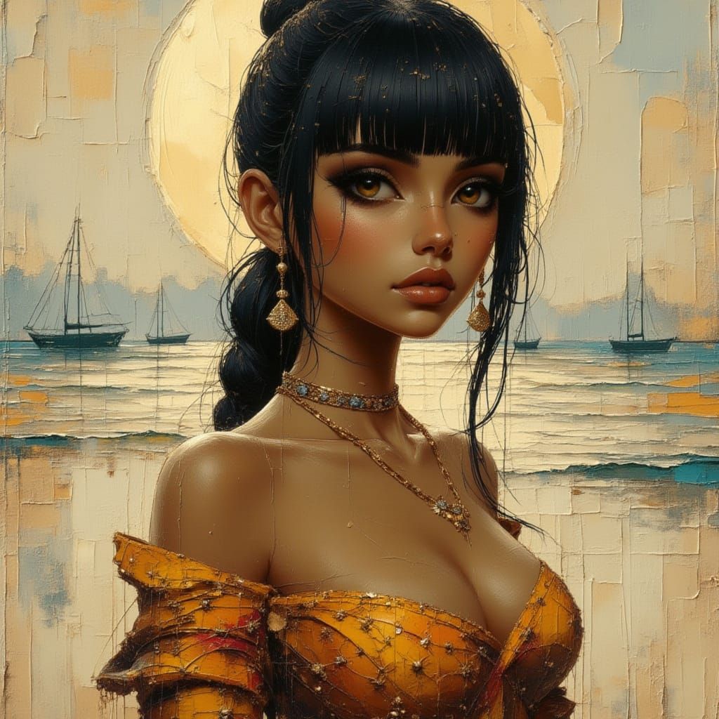 <lora:Akimora:1.0> <lora:divineOil:1.0> <lora:Blunt Bangs:1.0> <lora:Moonchild:1.0> Cinematic hdr, Waist-up portrait of an extremely gorgeou...