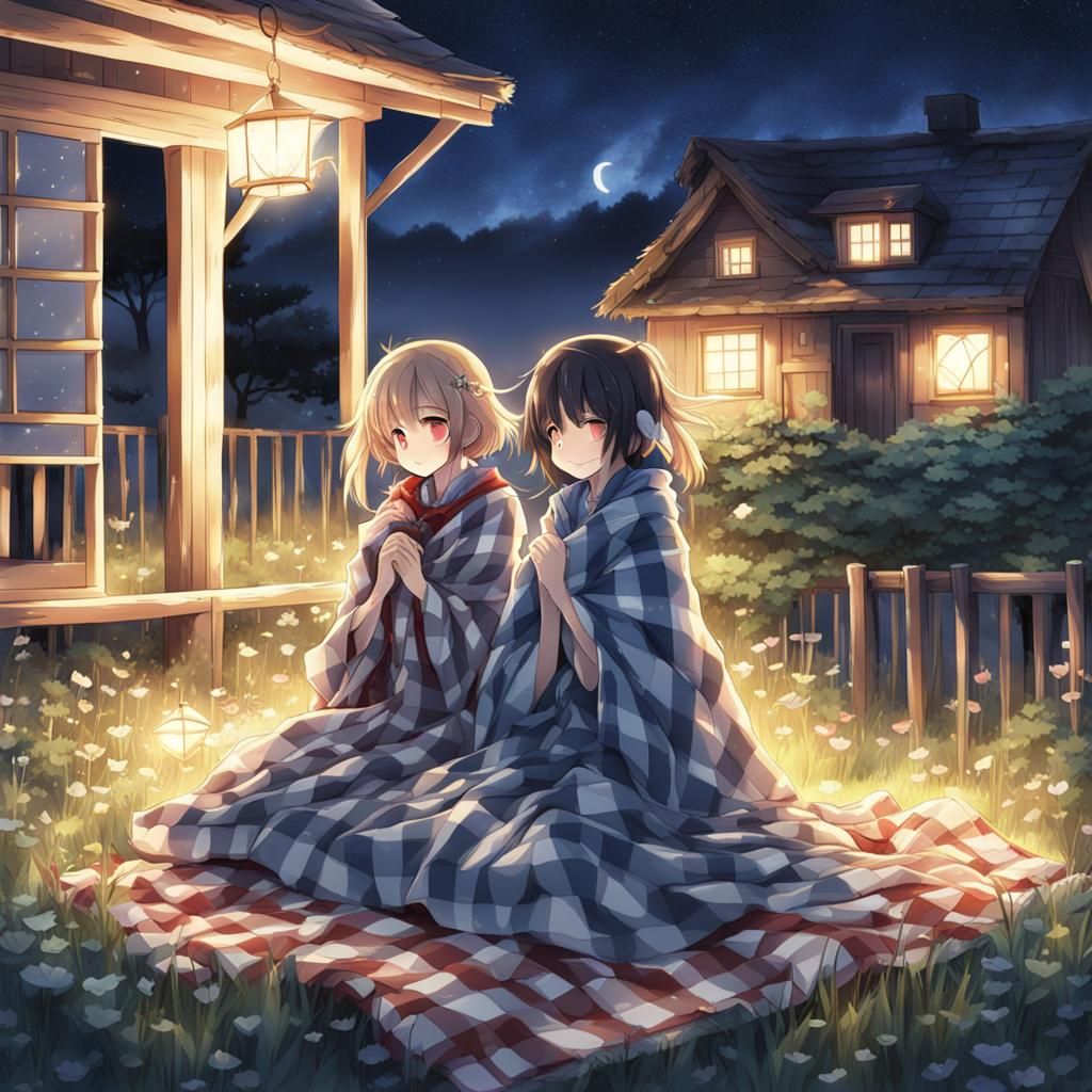 Two women, under the stars, wrapped in a checkered blanket, ...