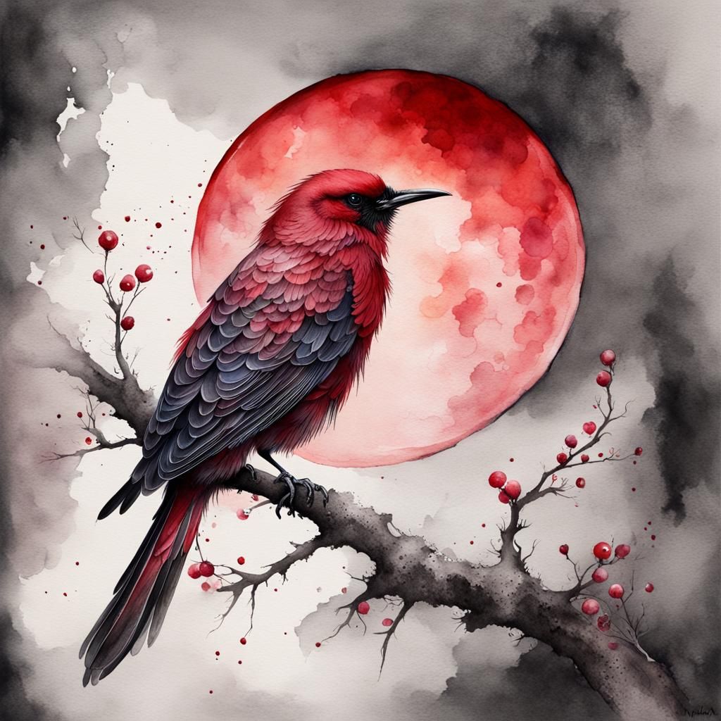 Bird ,digital illustration, beautiful  watercolor, black ink  by @Vonne