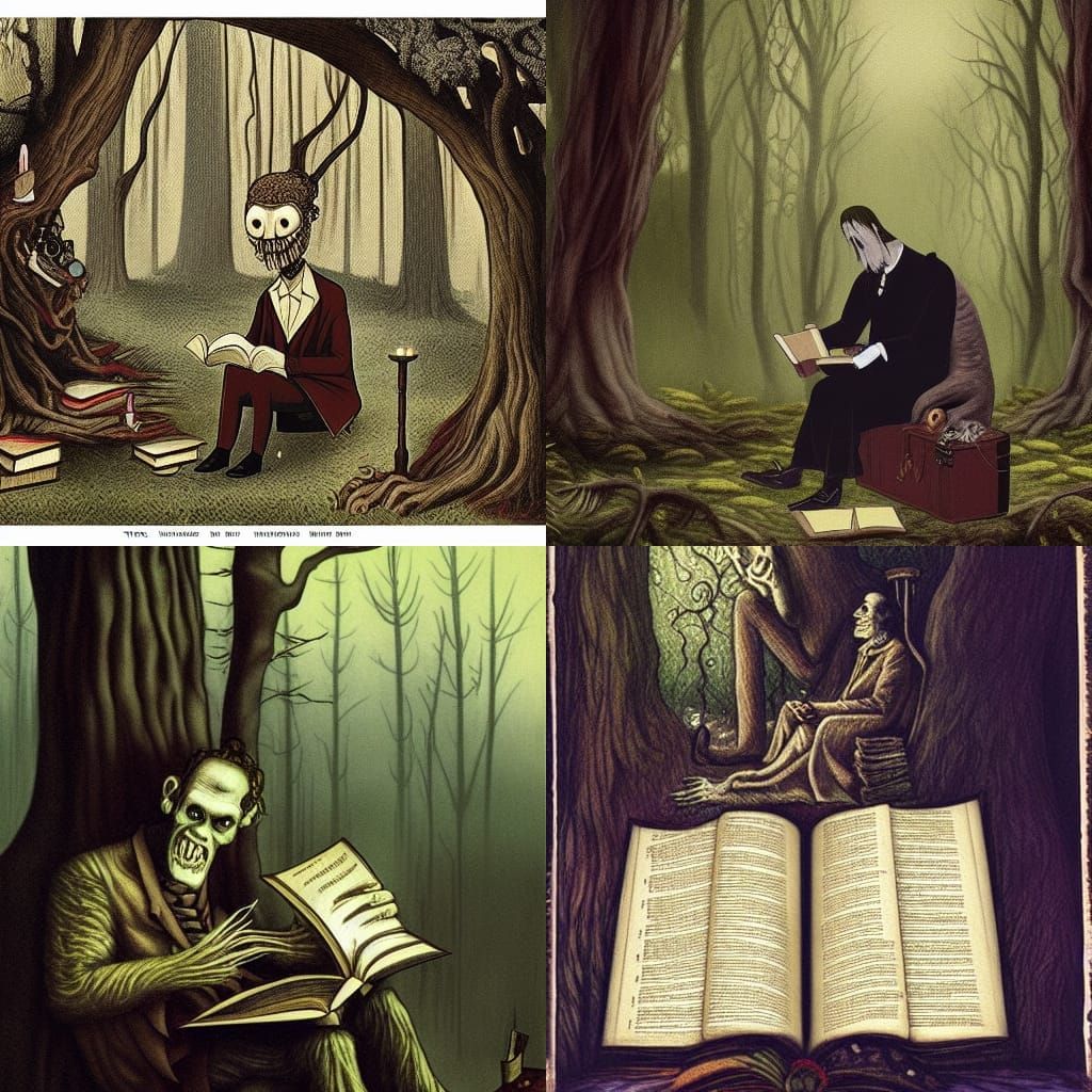 ugly monster in oversized formal clothes reading paradise lo...