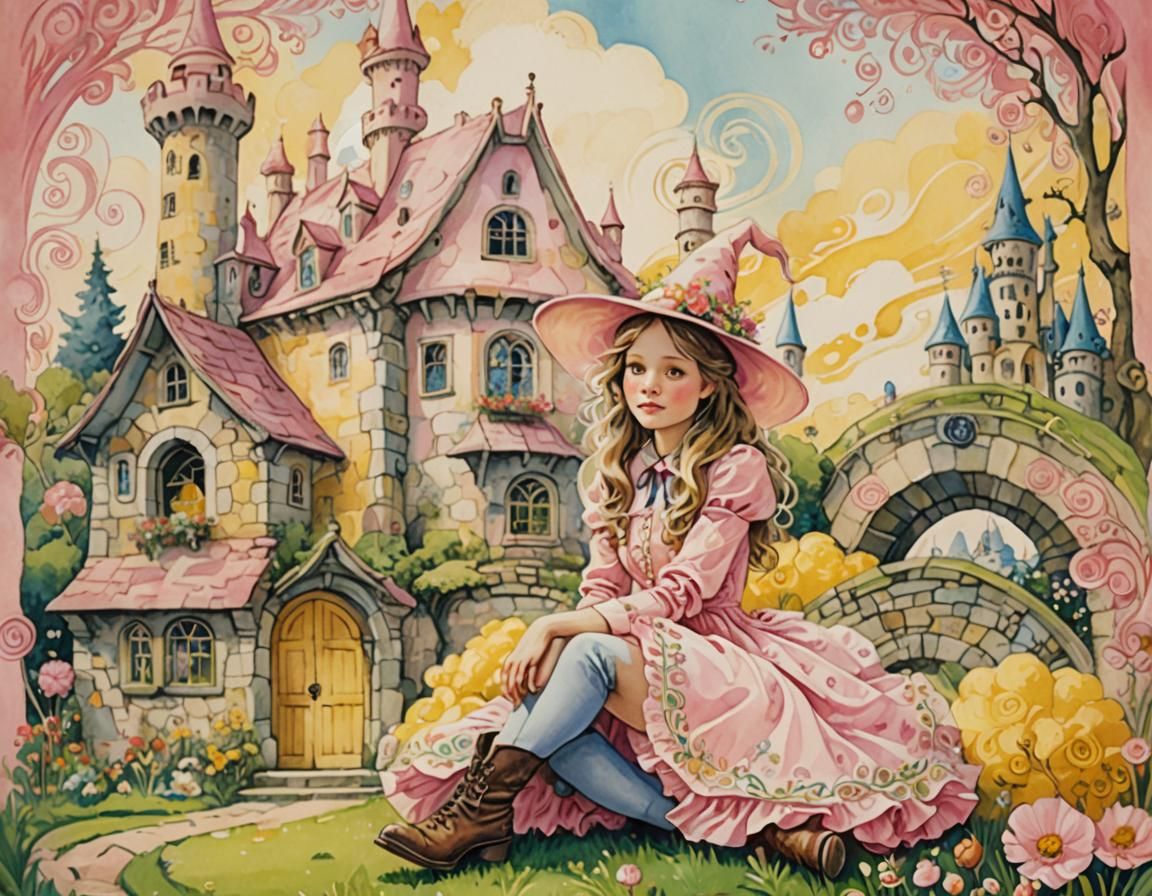 Une jeune femme habillée en rose, robe, chapeau et bottes, a...