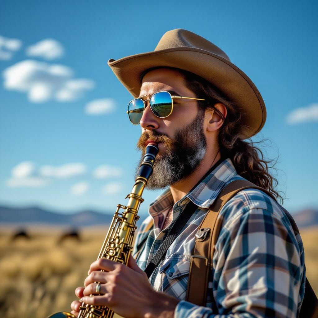 Transparent Flute Player Reveals Grassy Landscape
