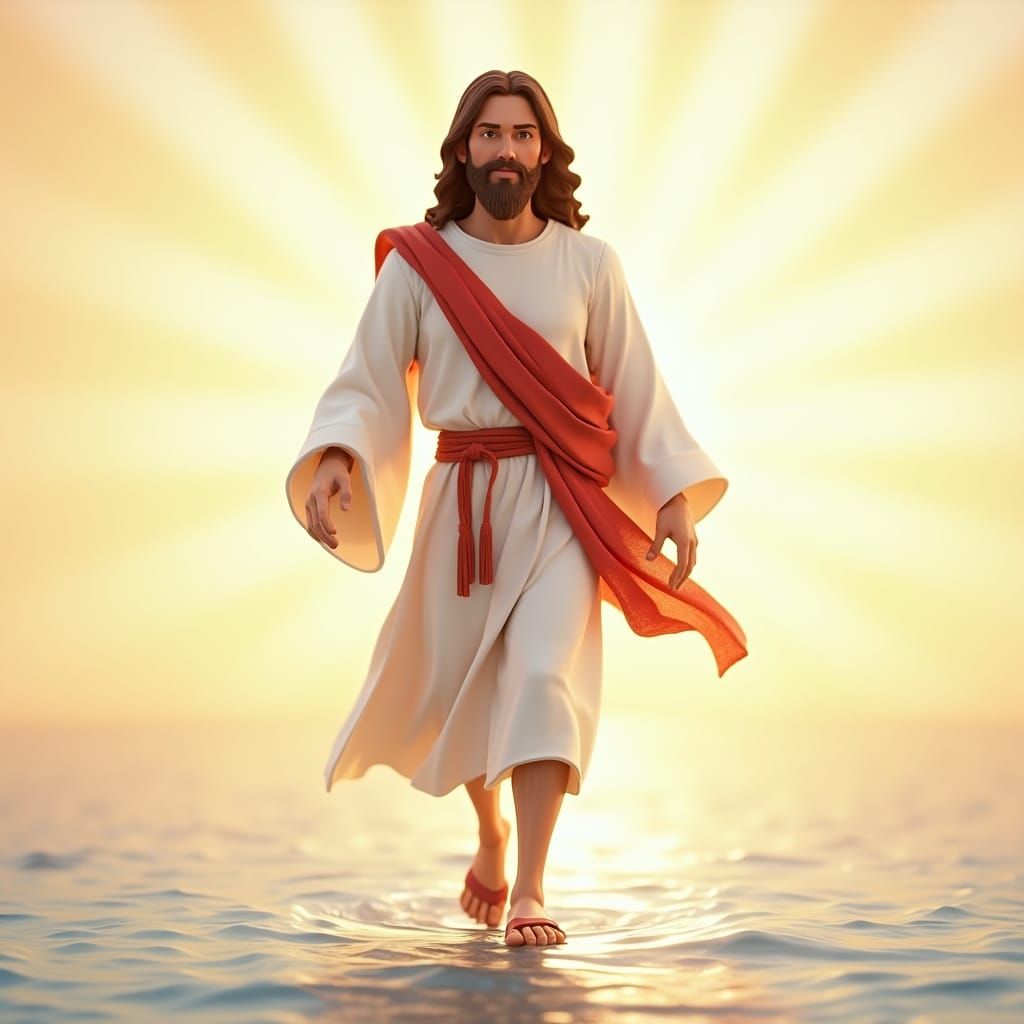 young 3D animated pix drawing: Jesus White tunic with red belt, conveying purity and love. Light brown eyes, full of compassion and serenity...