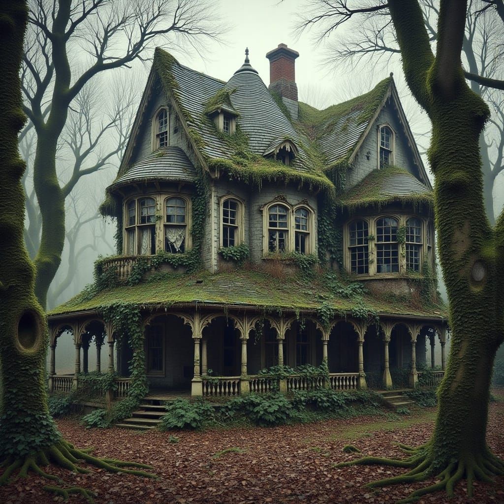 <lora:Abandoned for Flux:1.0>abandoned Victorian house in the woods.