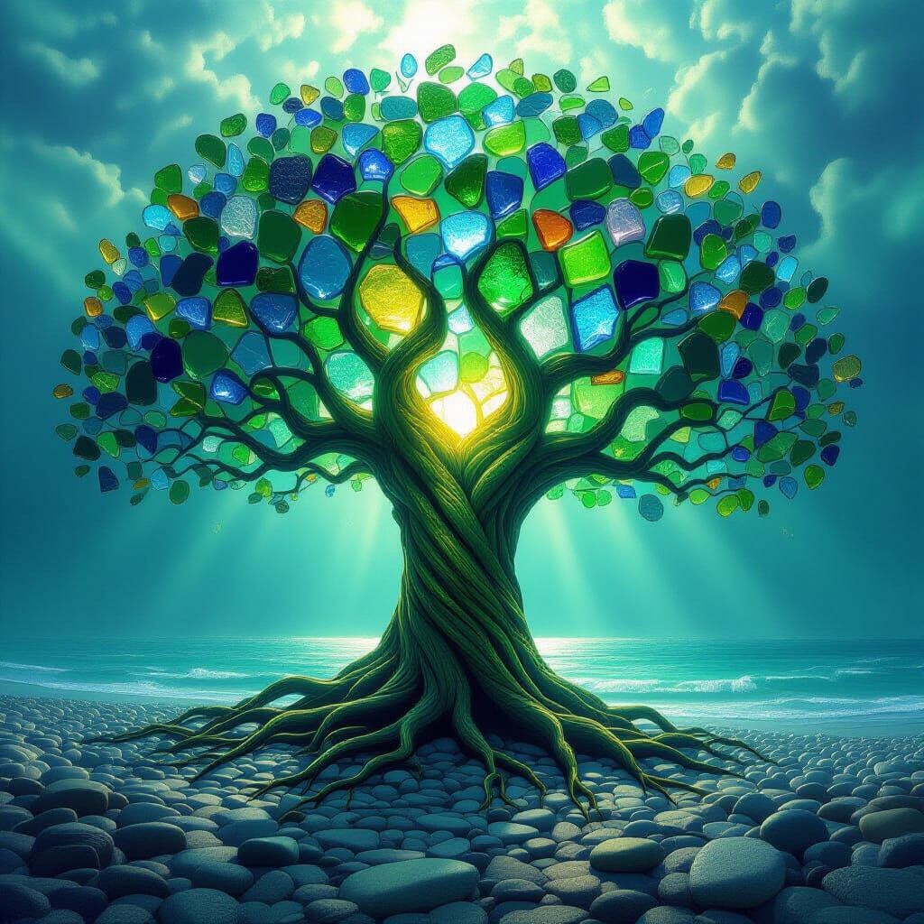 Sea glass sculpture, fantasy concept art. A colossal, ancient tree whose bark and leaves are composed entirely of various colored sea glass ...