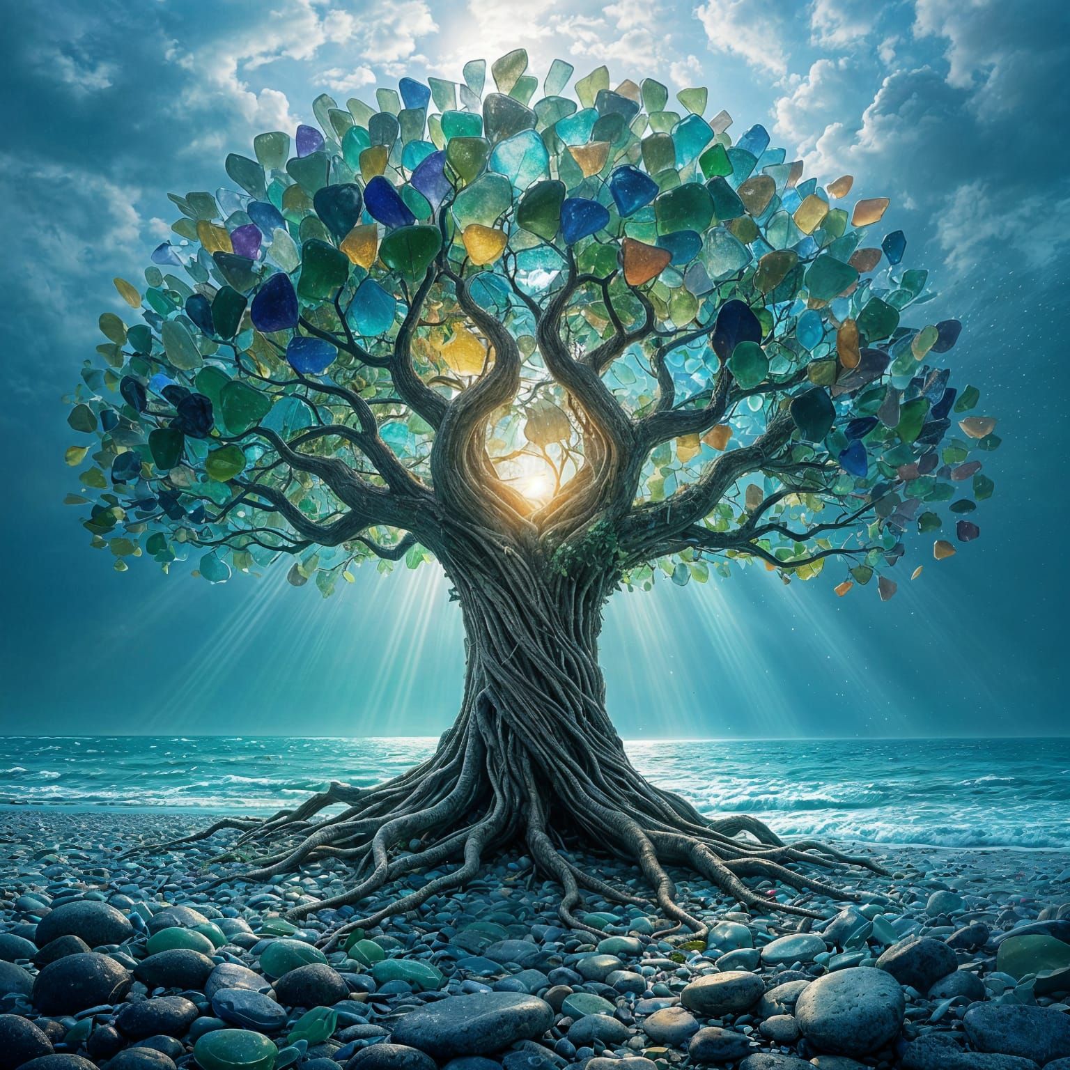 Sea glass sculpture, fantasy concept art. A colossal, ancient tree whose bark and leaves are composed ...  by @Paul Snipes