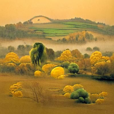 A hazy green landscape under a yellow sky in the autumn