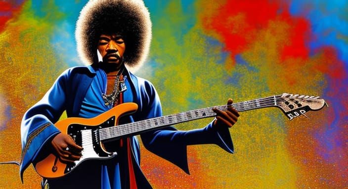 Full standing figure of Jimi Hendrix, holding three guitars in colour ...