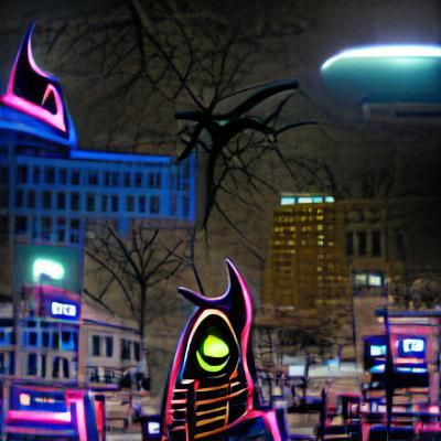 dark neon alien city; Public Square