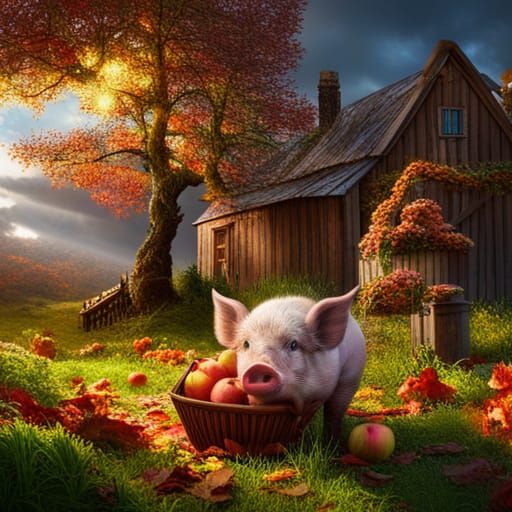 On a farm under an apple tree in Autumn, there is an adorable pig