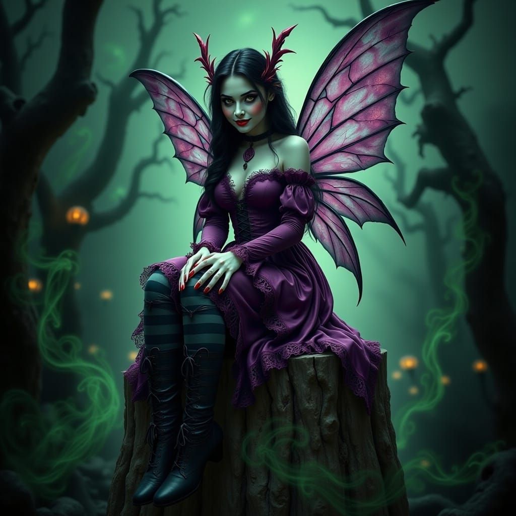 Victorian gothic  emerald vampire-fairy sitting on a stump in the haunted forest <lora:Halloween Fairies:1.0> 