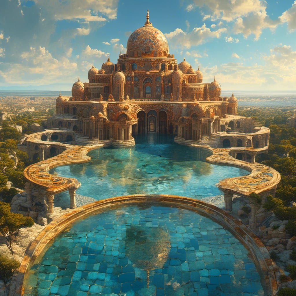 <lora:MJ6 Surreal Builds:1.0> 
Infinity Pool Palace: A palace surrounded by infinity pools that seem to merge with the horizon, creating th...